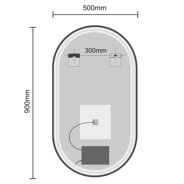 Maßzeichnung eines ovalen Wandspiegels mit einer Höhe von 900 Millimetern und einer Breite von 500 Millimetern.