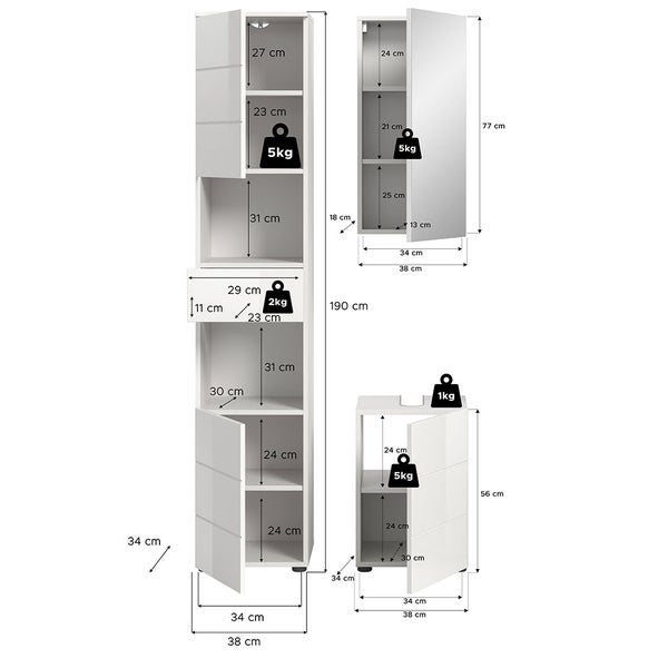 Vira Badmöbelset 3 Teile weiß Hochglanz, weiß. 91 X 34 X 190 cm