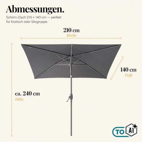 Technische Zeichnung eines rechteckigen Sonnenschirms mit den Maßen 210 mal 140 Zentimeter und einer Höhe von circa 240 Zentimetern.