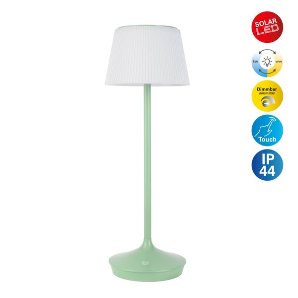 Solar-Akkutischleuchte EMMI  38 cm hoch, Schirm Ø 13 cm, Metall in Mint und weißer Kunststoff, für den Außenbereich, dimmbar CCT.