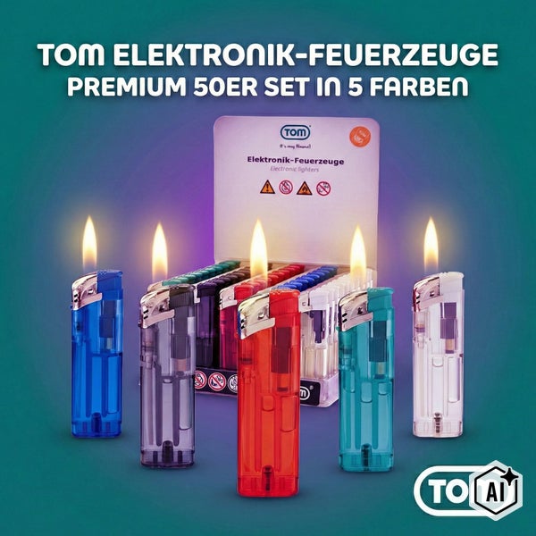 Tom Elektronik Feuerzeuge Premium 50er Set in 5 Farben mit Verkaufsdisplay