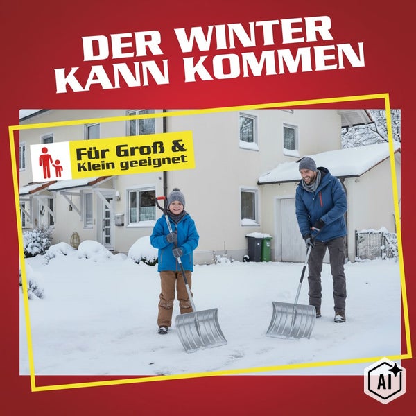 Ein Erwachsener und ein Kind räumen gemeinsam Schnee vor einem Haus mit Schneeschaufeln, geeignet für Erwachsene und Kinder.