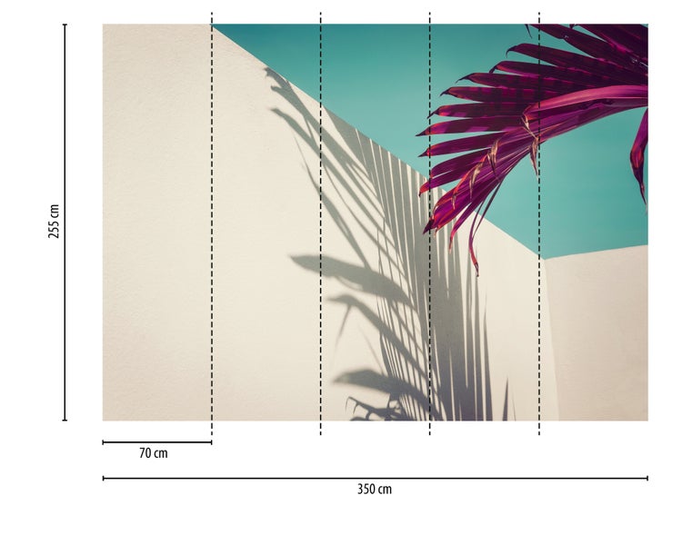 Fototapete mit tropischem Palmblatt und Schatten auf einer Wand, türkisfarbener Himmel. Breite 350 Zentimeter, Höhe 255 Zentimeter.
