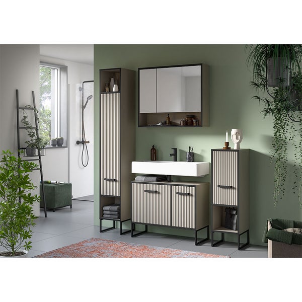 Bagno Hochschrank Bad 1 Tür 2 Fächer hellgrau, cremefarben. 30 X 32 X 192 cm