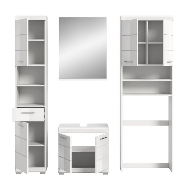 Weißes Badezimmermöbel-Set bestehend aus Hochschrank, Spiegel, Waschbeckenunterschrank und Überbauschrank mit geöffneten Türen.