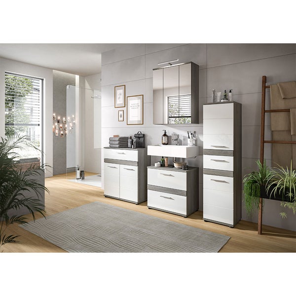 Blake Badschrank 1 Schublade 2 Türen weiß Hochglanz, grau. 70 X 31 X 79 cm