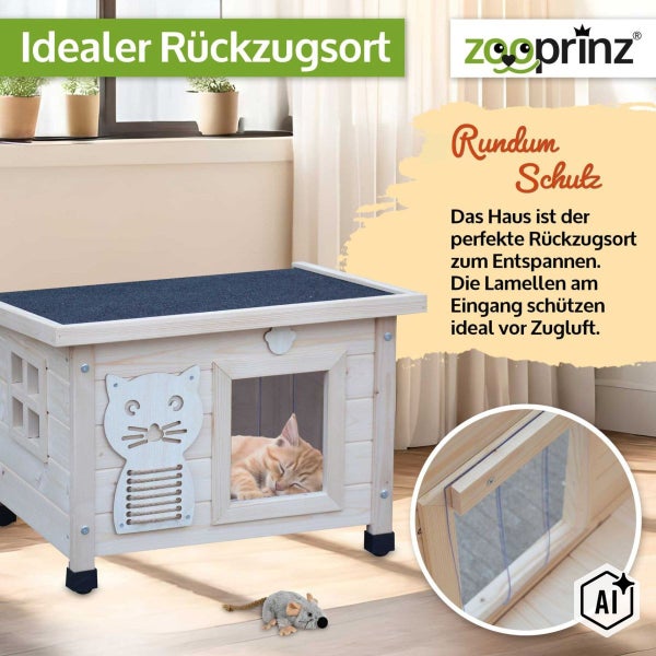Holz Katzenhaus von Zooprinz mit Lamelleneingang und Schlafbereich für Haustiere als idealer Rückzugsort