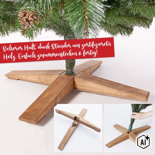 Holzständer für den Weihnachtsbaum in Kreuzform mit Stecksystem für sicheren Halt.