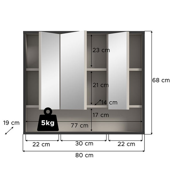 Bagno Spiegelschrank Bad 3 Spiegeltüren hellgrau, cremefarben. 80 X 19 X 68 cm