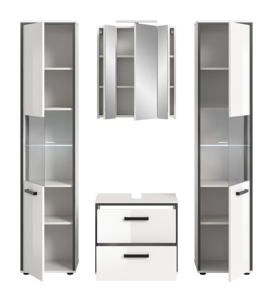 Modernes Badezimmermöbel-Set in Weiß und Grau, bestehend aus zwei Hochschränken, einem Spiegelschrank und einem Waschbeckenunterschrank.