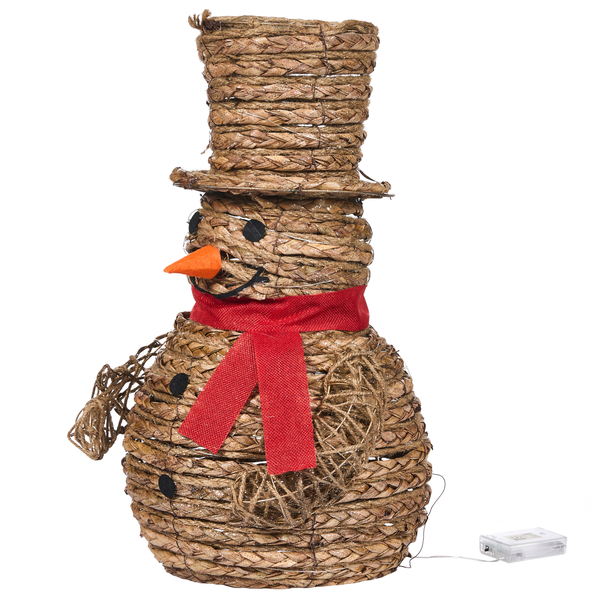 Dekorativer Schneemann aus geflochtenem Material mit Hut und Schal als Weihnachtsdekoration