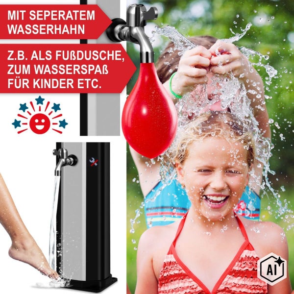 Gartendusche mit integriertem Fußwaschhahn zur Nutzung als Fußdusche oder zur Abkühlung im Garten