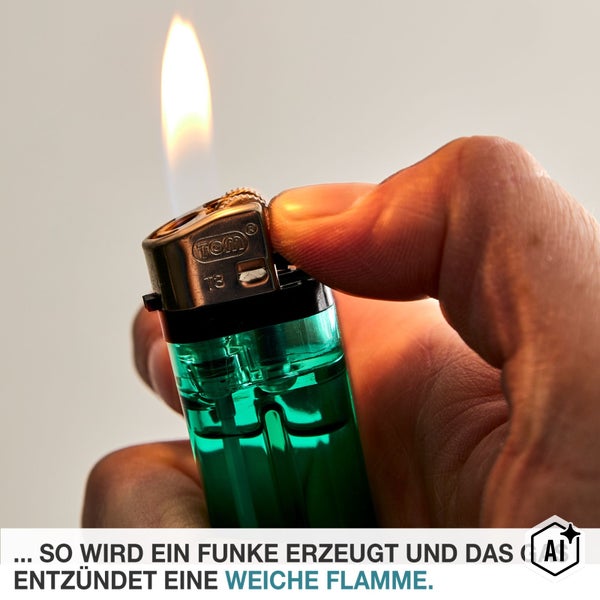 Hand hält ein Gasfeuerzeug mit brennender Flamme.
