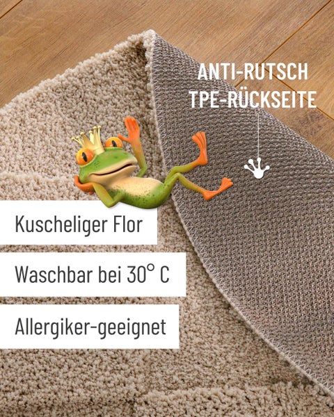 Badteppich mit kuscheligem Flor, rutschhemmender TPE-Rückseite, waschbar bei 30 Grad und für Allergiker geeignet.