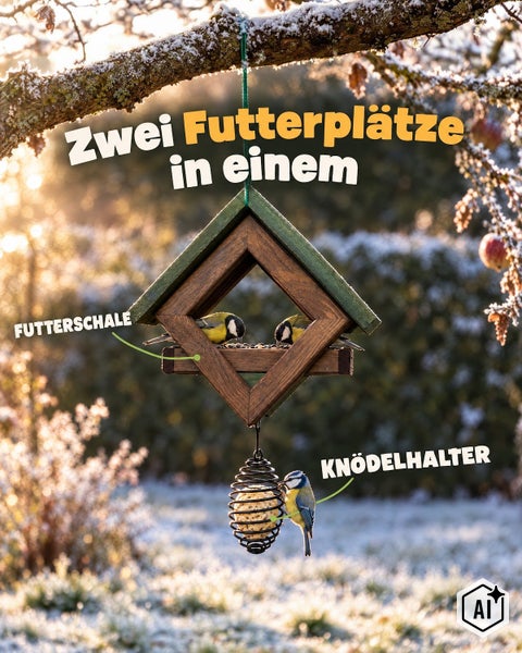 Vogelhaus aus Holz mit integrierter Futterschale und darunter hängendem Knödelhalter für Meisen an einem frostigen Wintertag im Garten.