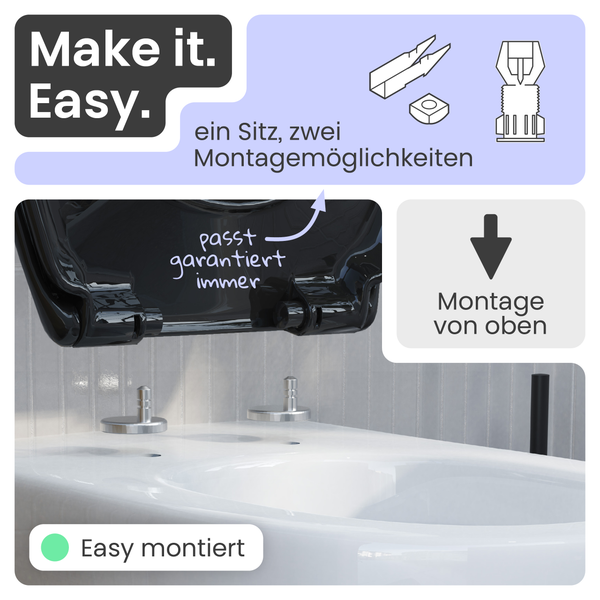 Darstellung der einfachen Montage eines WC-Sitzes mit zwei verschiedenen Montagemöglichkeiten.