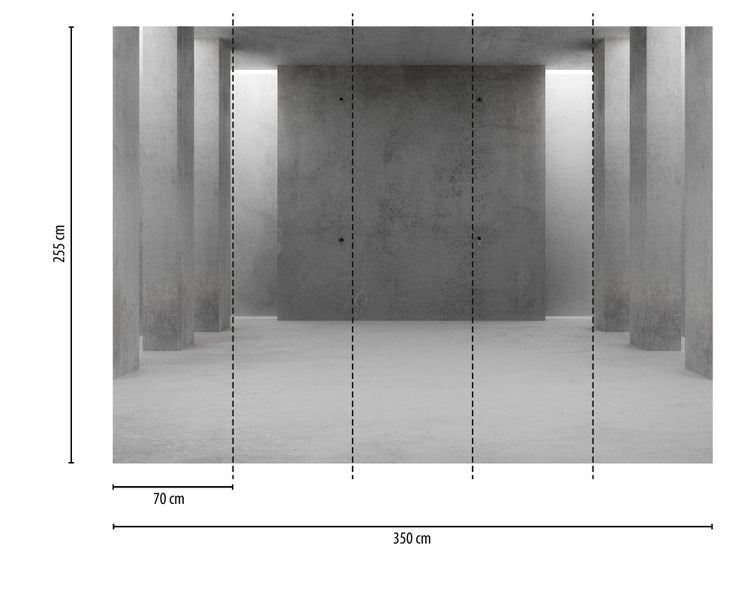 Fototapete in Betonoptik mit Säulen, 350 mal 255 Zentimeter, unterteilt in 5 Bahnen zu je 70 Zentimeter.