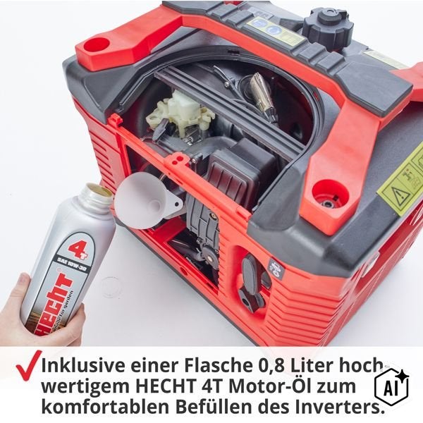 Ein Inverter Stromerzeuger mit offener Wartungsklappe, befüllt mit Hecht 4T Motoröl aus einer Flasche mittels Trichter.