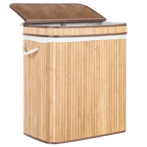 Wäschekorb aus Bambus mit klappbarem Deckel und Seilgriffen. Der Korb hat einen Stoffeinsatz und ist in zwei Fächer unterteilt.