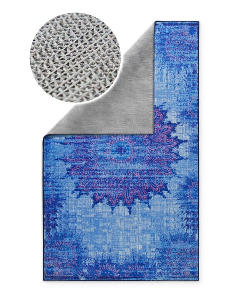 Teppich mit orientalischem Muster und rutschhemmender Rückseite sowie Detailansicht der Unterseitenstruktur.