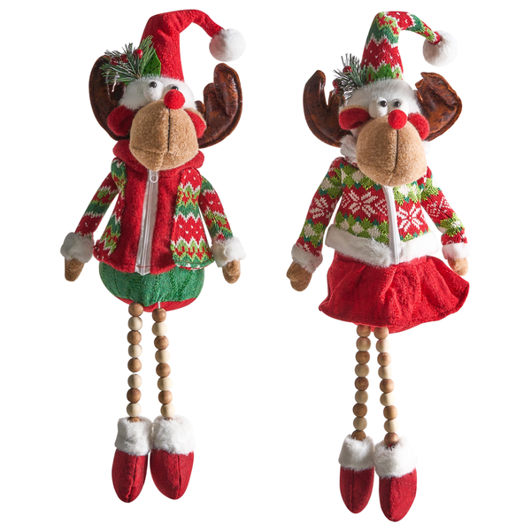 Zwei Rentierfiguren mit weihnachtlicher Kleidung und Holzkugelbeinen