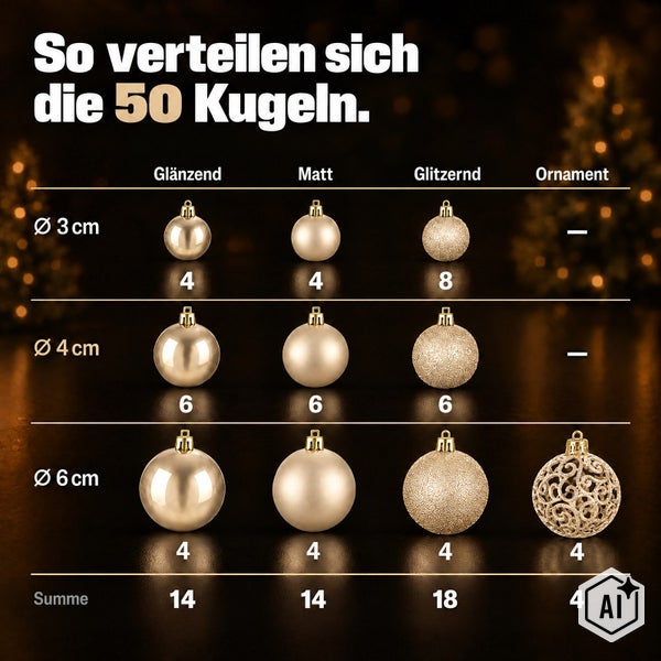 Übersicht der 50-teiligen Weihnachtsbaumkugel-Sortierung mit Größen von 3, 4 und 6 Zentimeter in glänzend, matt, glitzernd und Ornament-Optik.