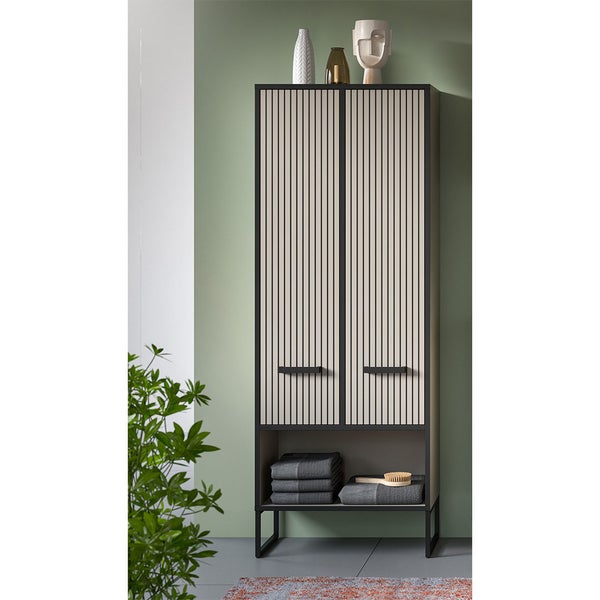 Bagno Hochschrank Bad 2 Türen hellgrau, cremefarben. 59 X 32 X 159 cm