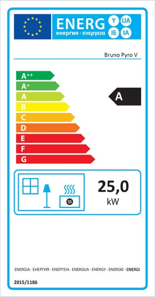 Energieeffizienzlabel für Bruno Pyro V Kaminofen mit Energieeffizienzklasse A und einer Nennwärmeleistung von 25 Kilowatt.