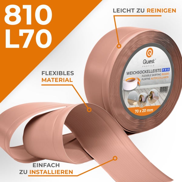 Quest Profile Weichsockelleiste aus flexiblem Material zur einfachen Montage mit den Maßen 70 mal 20 Millimeter.