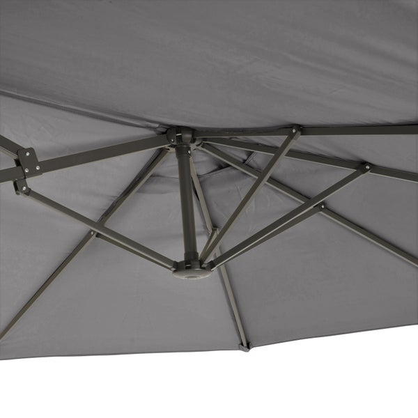 Detailansicht von der Unterseite eines Sonnenschirms mit Metallgestell