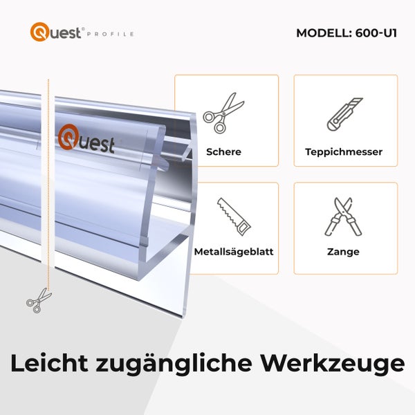 Quest Profile Modell 600-U1 mit Werkzeugsymbolen für Schere, Teppichmesser, Metallsägeblatt und Zange