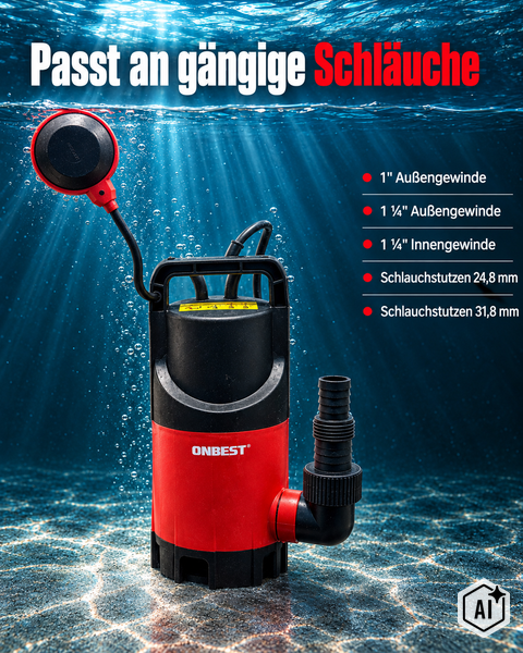 Tauchpumpe Onbest mit Schwimmerschalter und verschiedenen Anschlussmoeglichkeiten fuer Schlaeuche.