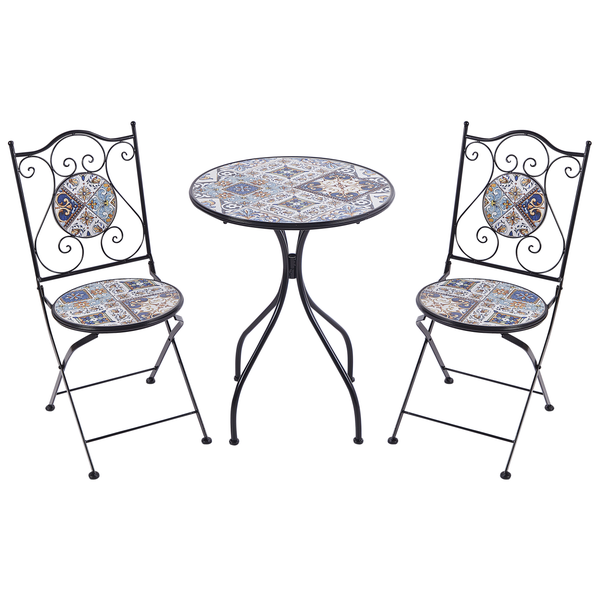 Gartensitzgruppe mit Tisch und zwei Stühlen mit Mosaikmuster
