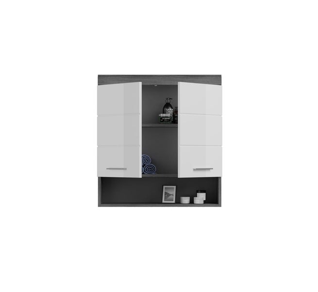 Scout Badschrank wandhängend 2 Türen, 1 Ablage Hochglanz weiß,rauchfarbenen. 74 X 24 X 79 cm
