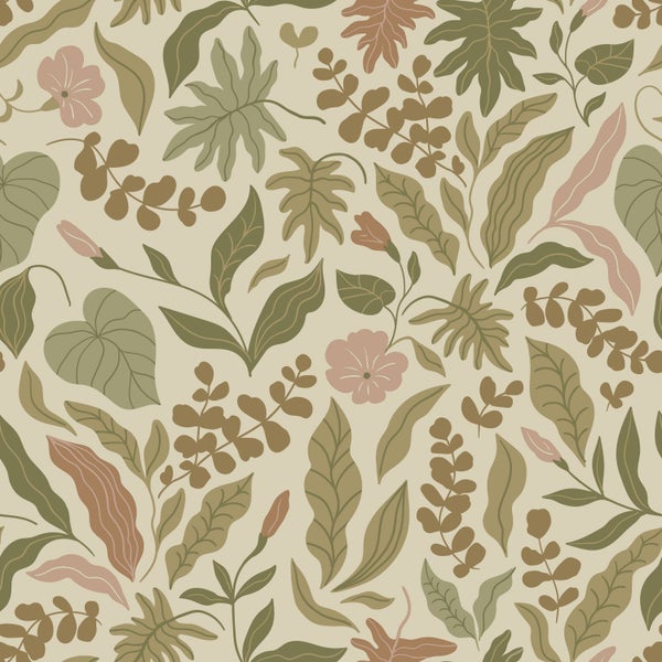 ESTAhome Tapete Blätter und Blumen Olivgrün, Terrakotta und Rosa - 50 x 900 cm - 131052