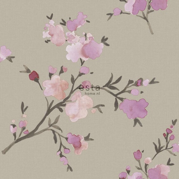 ESTAhome Tapete Kirschblüten Taupe und Violett - 53 cm x 10.05 m - 148717