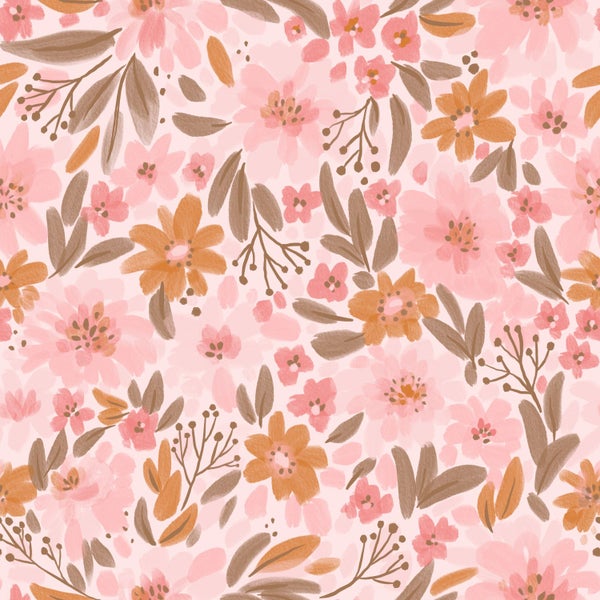 ESTAhome Tapete Blumen Rosa, Orange und Graugrün - 50 x 900 cm - 130925