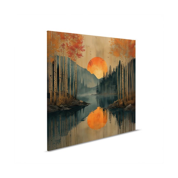 Dekoratives Holzbild mit Landschaftsmotiv, das einen See, Bäume und eine Sonne zeigt