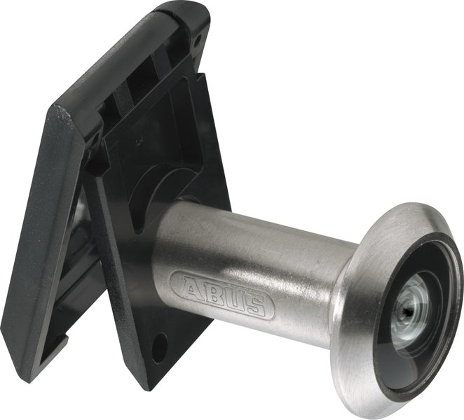 ABUS Türspion aus Edelstahl mit schwarzer Abdeckklappe aus Kunststoff.