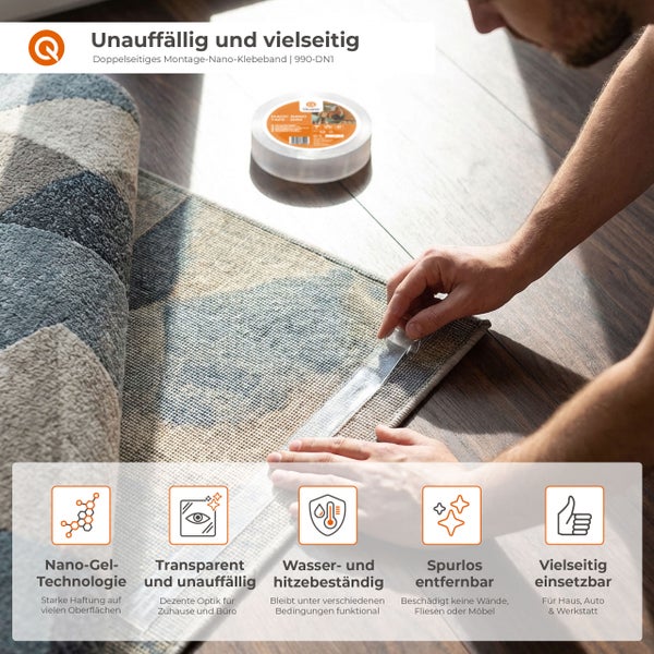 Doppelseitiges Montage Nano Klebeband bei der Anwendung auf einem Teppich.