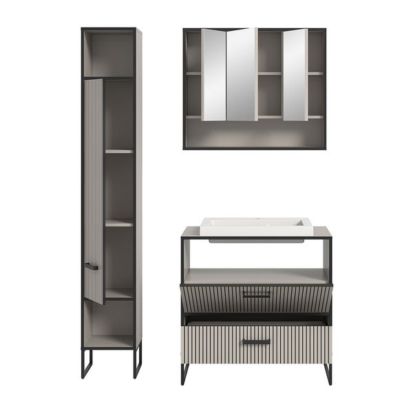 Bagno Badmöbelset 3 Teile inkl. Waschbecken hellgrau, cremefarben. 125 X 48 X 192 cm