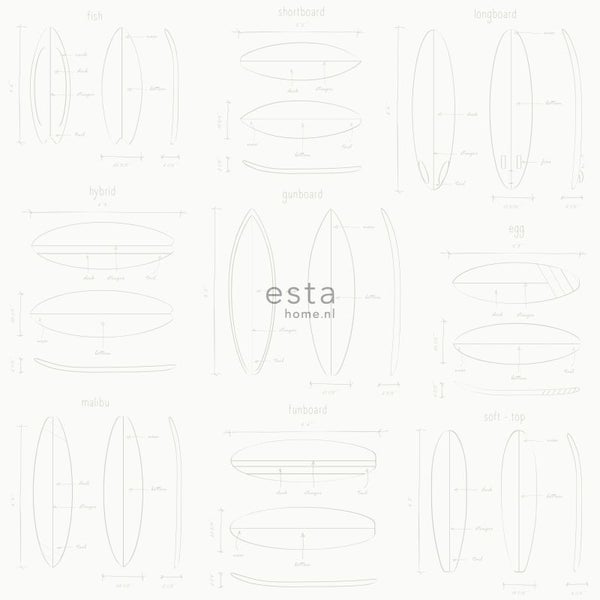 ESTAhome Tapete technische Zeichnungen von Surfbrettern Weiß und Silber - 53 cm x 10.05 m - 128869