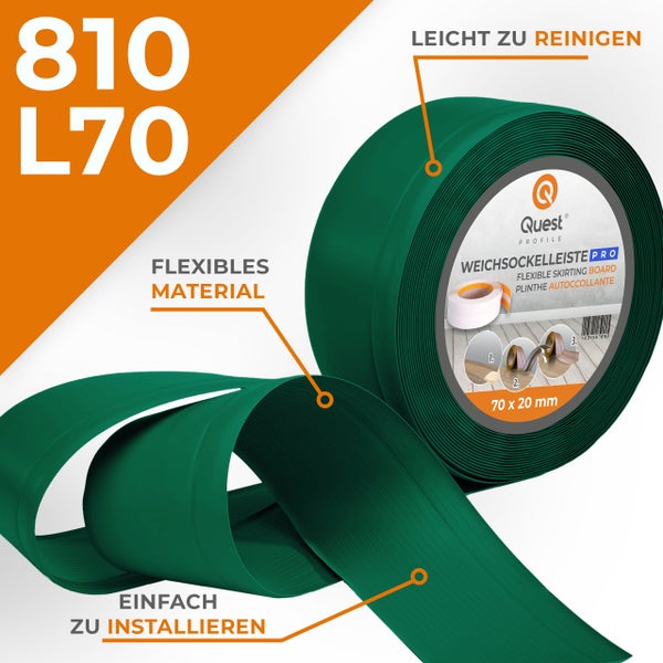 Quest Weichsockelleiste, Breite Sockelleiste 70 x 20 mm, PVC Knickleiste für Wand, Boden, Flexibel, Grün, 1 Meter