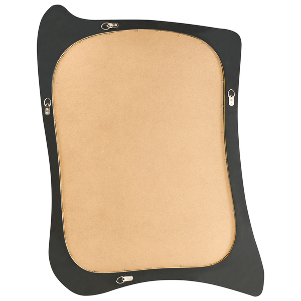 Rückseite eines Spiegels mit schwarzem Rahmen und Aufhängungen