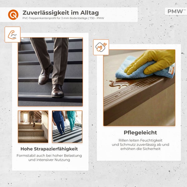 PVC-Treppenkantenprofil für 3 Millimeter Bodenbeläge, strapazierfähig und pflegeleicht mit Rillen für Sicherheit auf der Treppe. PMW Logo.