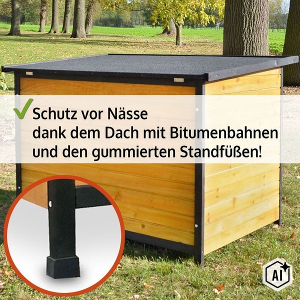 Hundehütte aus Holz mit Bitumendach und gummierten Standfüßen für Schutz vor Nässe im Garten.