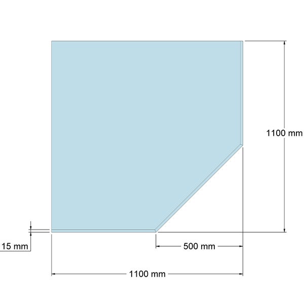 Glasbodenplatte in Fünfeckform mit den Maßen 1100 Millimeter mal 1100 Millimeter und einer Stärke von 15 Millimeter.