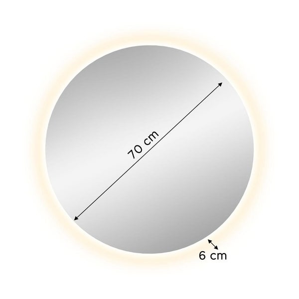 Runder Spiegel mit LED-Beleuchtung und den Maßangaben 70 cm Durchmesser und 6 cm Tiefe
