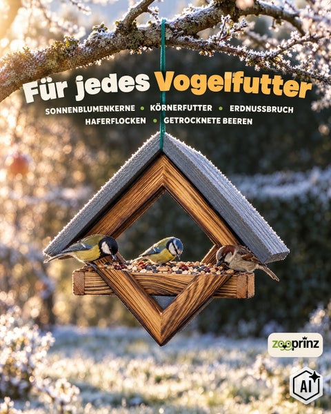 Holz Vogelhaus zum Aufhängen im Baum mit Vögeln, geeignet für Sonnenblumenkerne, Körnerfutter, Erdnussbruch, Haferflocken und getrocknete Beeren.