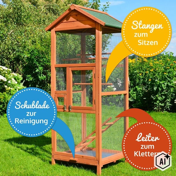 Große Vogelvoliere aus Holz für den Außenbereich mit integrierten Sitzstangen, Reinigungs-Schublade und Kletterleiter im Garten.